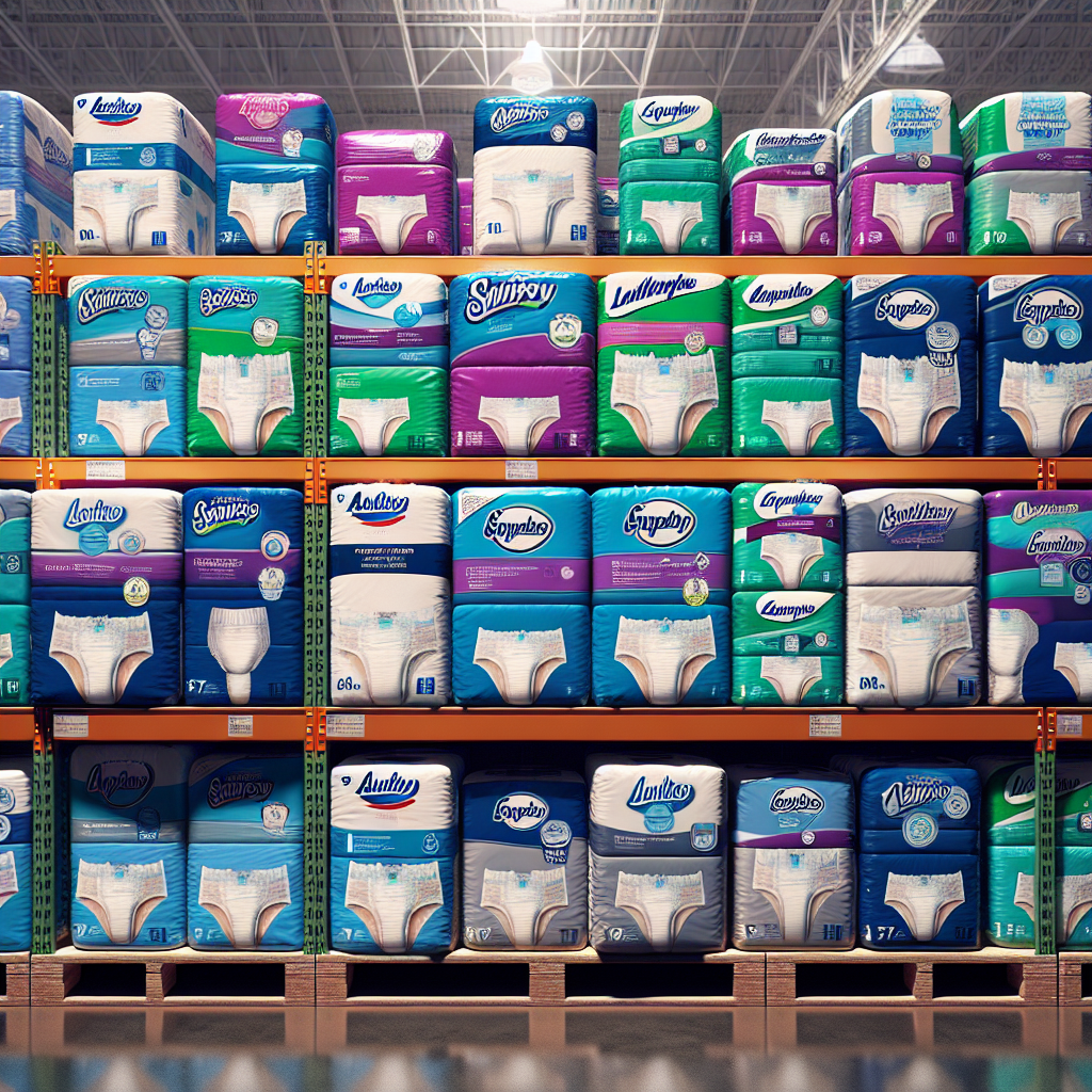 Assortment of adult diapers on a Costco store shelf