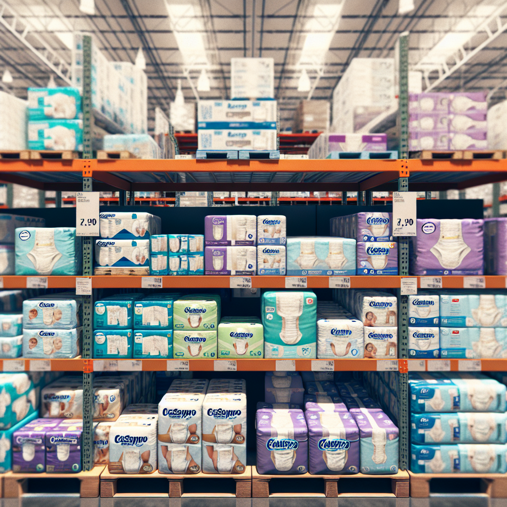 A selection of adult diapers on shelves in a Costco store.