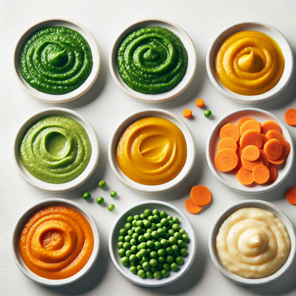 Assortment of pureed food options on white plates.