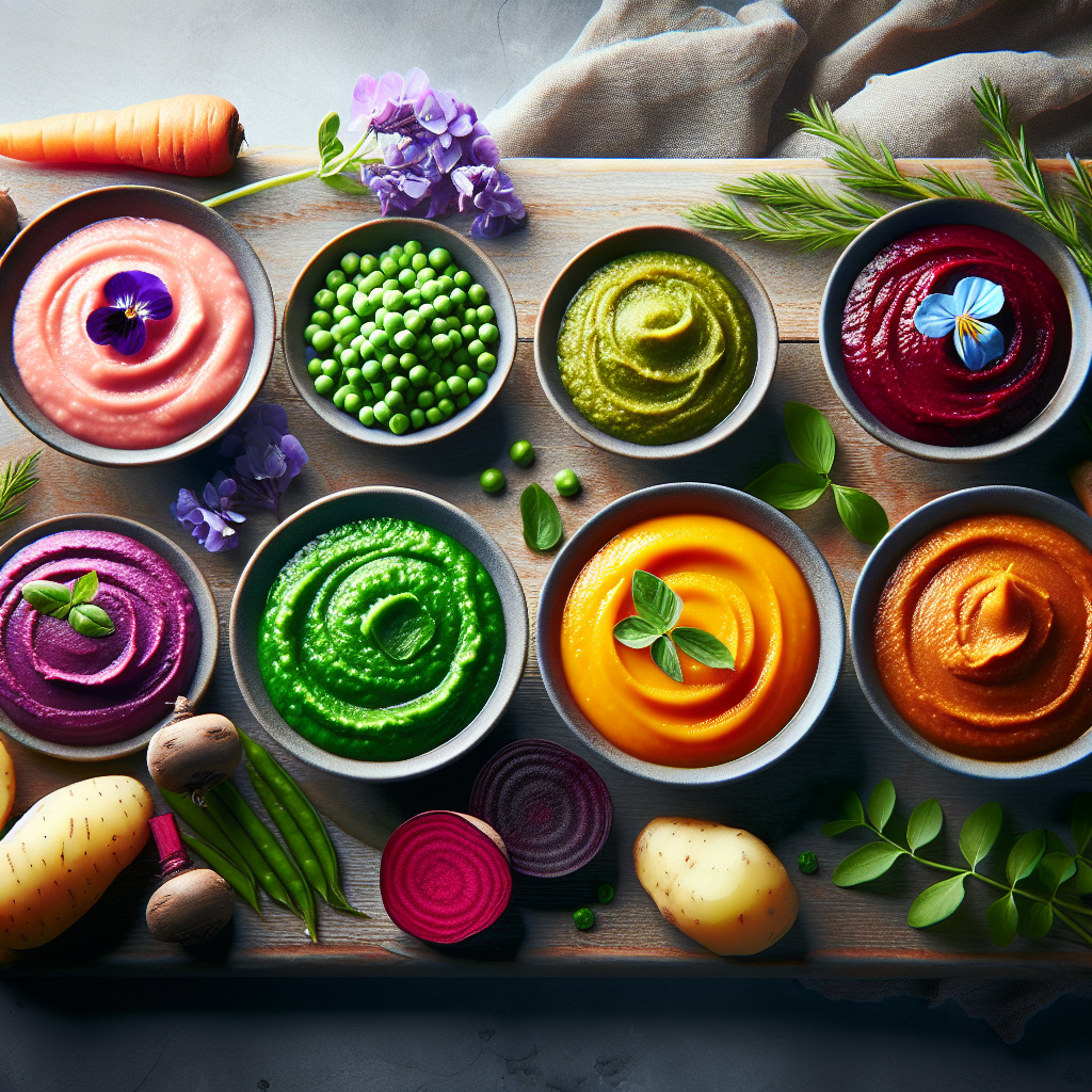 Assorted brightly colored puréed food options in small bowls.