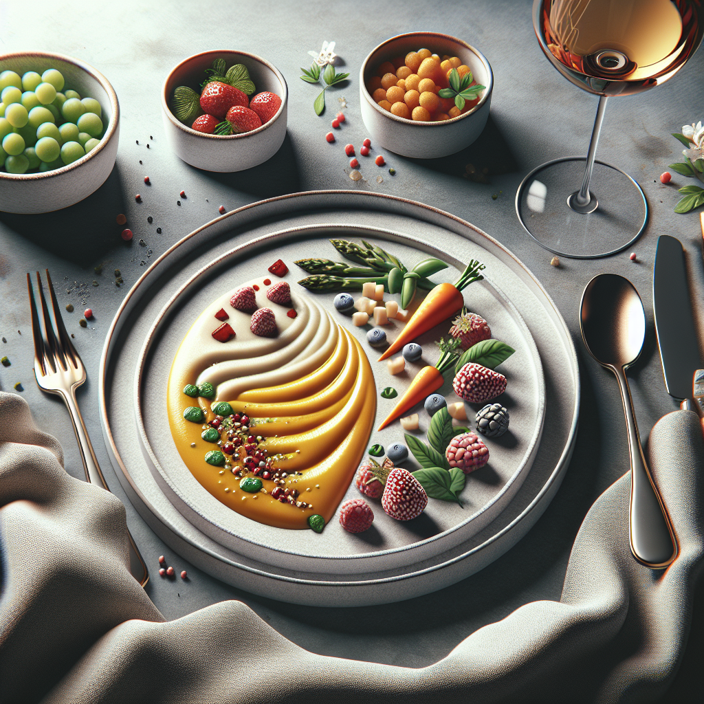 Realistic image of a selection of pureed food for adults, presented on a plate with garnishes, cutlery, and a tasteful table setting.
