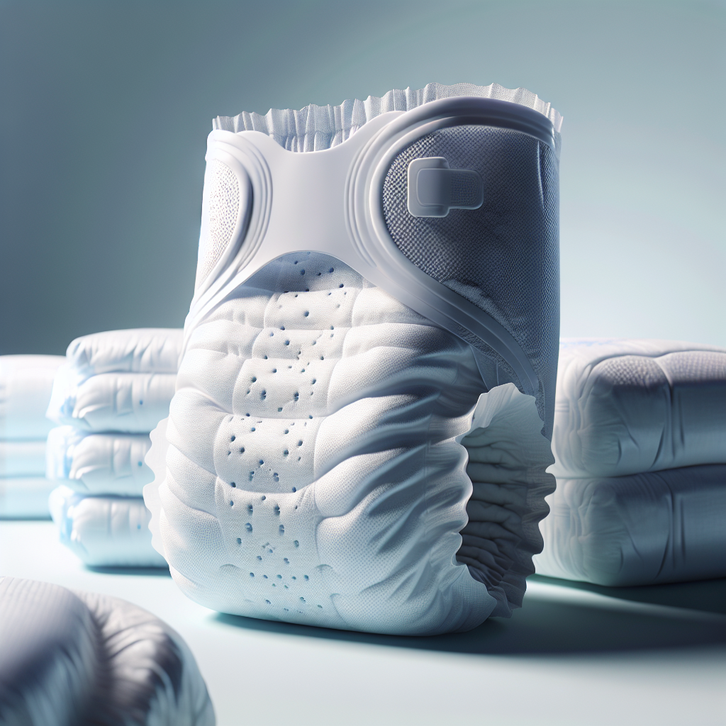 A detailed, realistic image of adult diapers showing texture and product features.