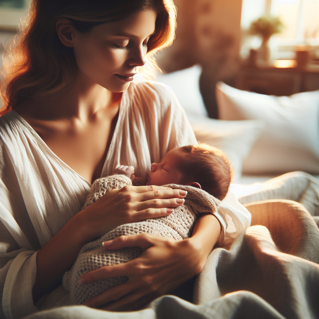 A realistic scene of a new mother comforting her infant in a cozy, warm-lit indoor setting.