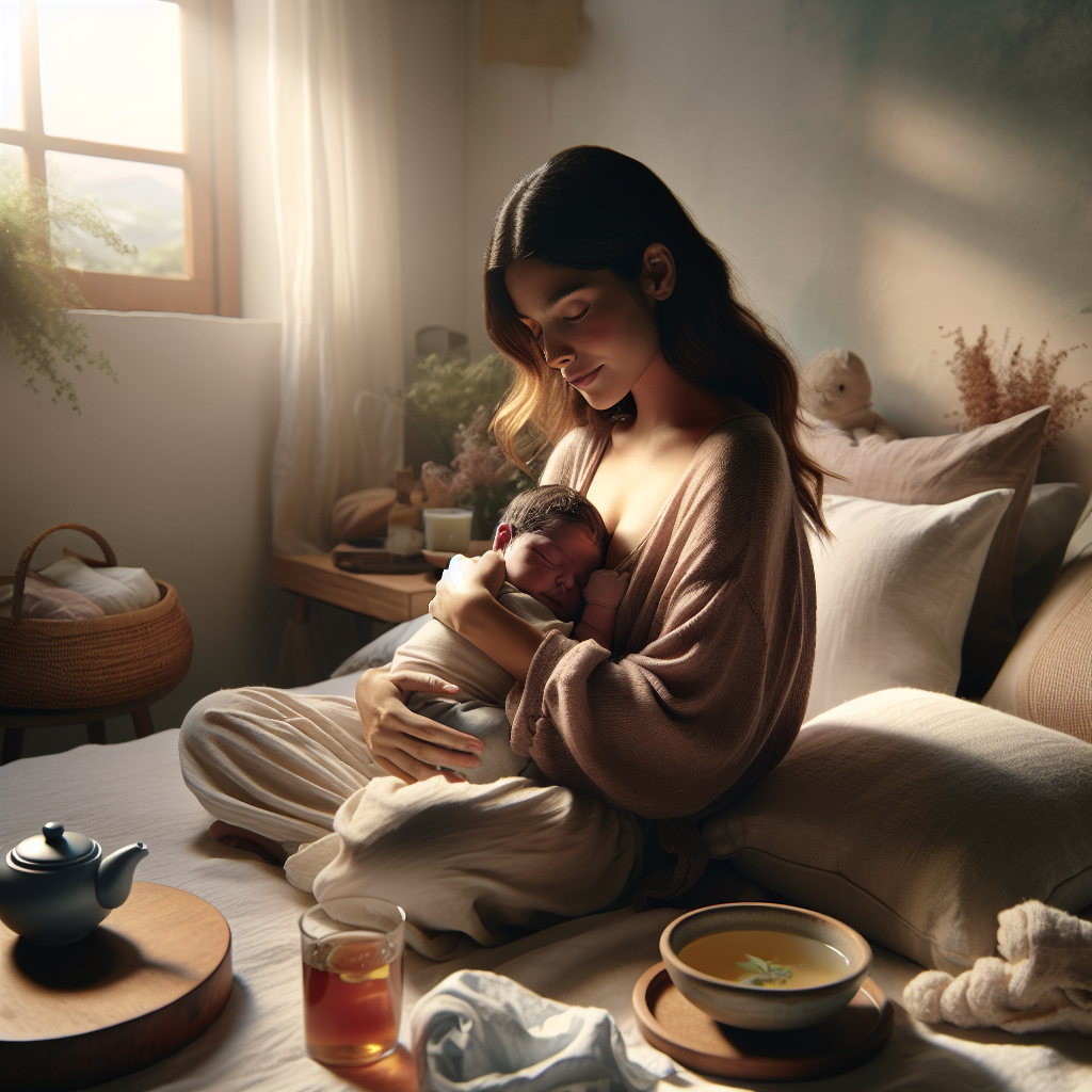 A realistic depiction of a new mother experiencing postpartum comfort, cradling her newborn in a cozy, softly lit room.