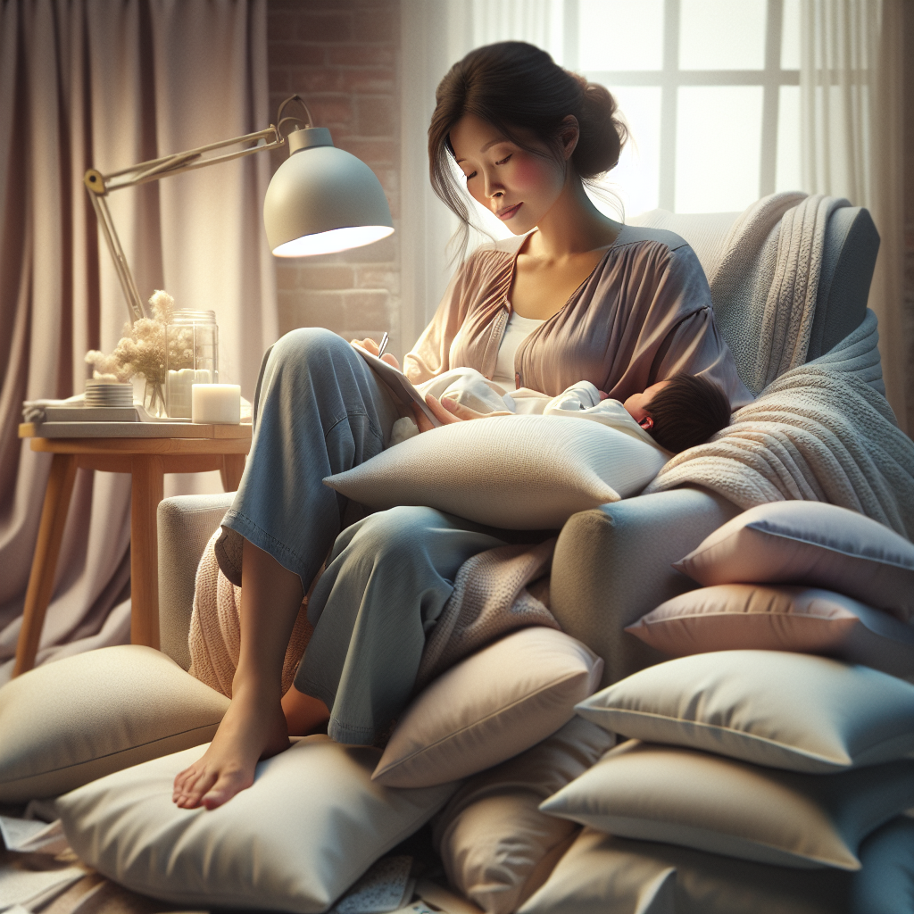 A mother in a comfortable chair with soft pillows and blankets, in a peaceful and serene postpartum comfort setting.