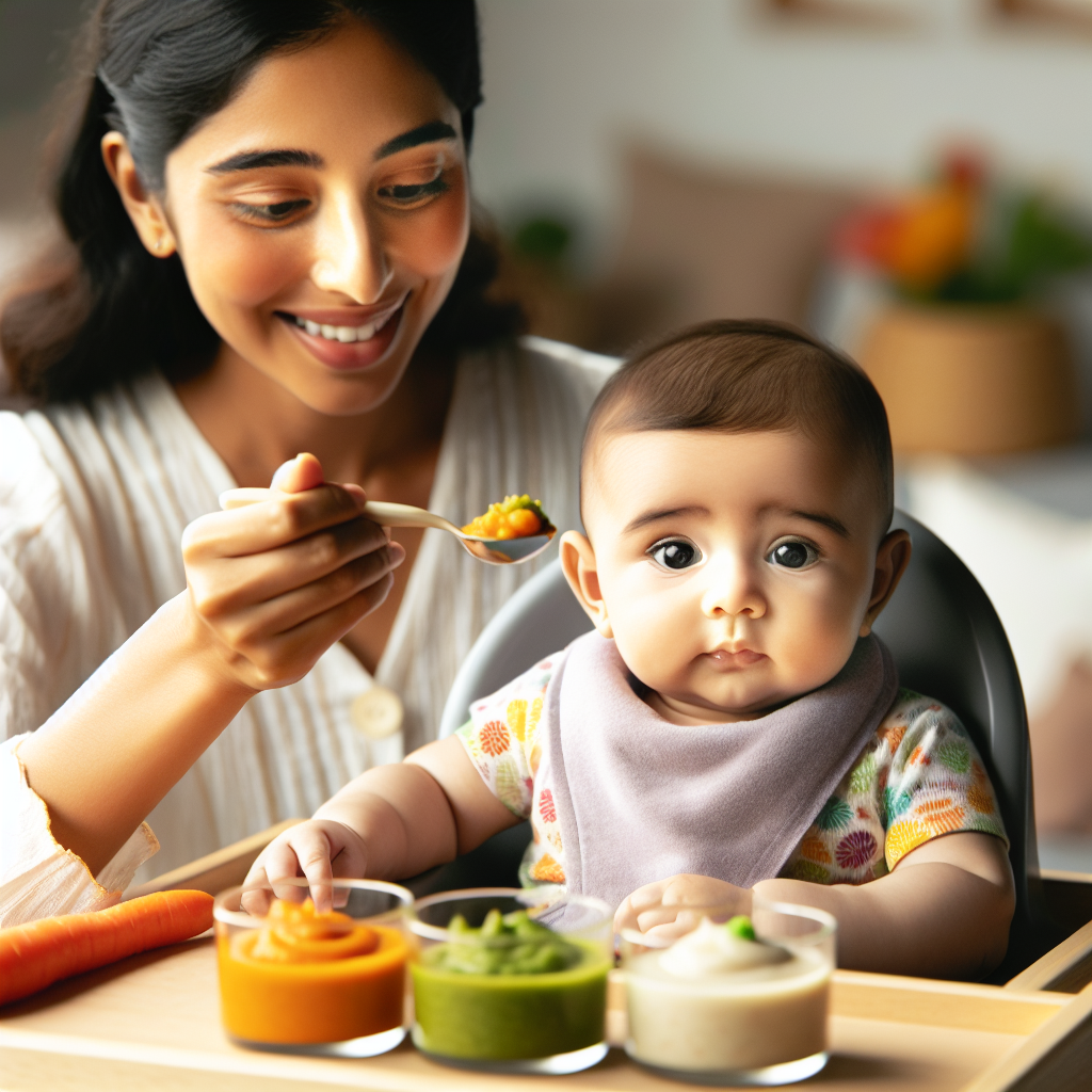 A baby being fed pureed food by a parent, with different pureed foods displayed nearby in a warm, realistic setting.