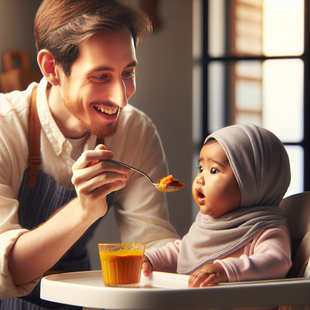 A caregiver introducing pureed food to a cheerful baby in a high chair.