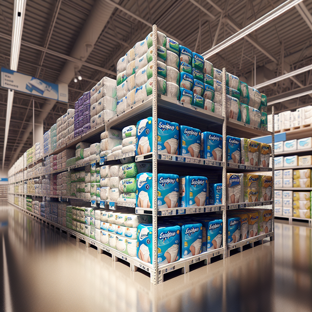 A shelf in a Costco store displaying different brands of adult diapers.