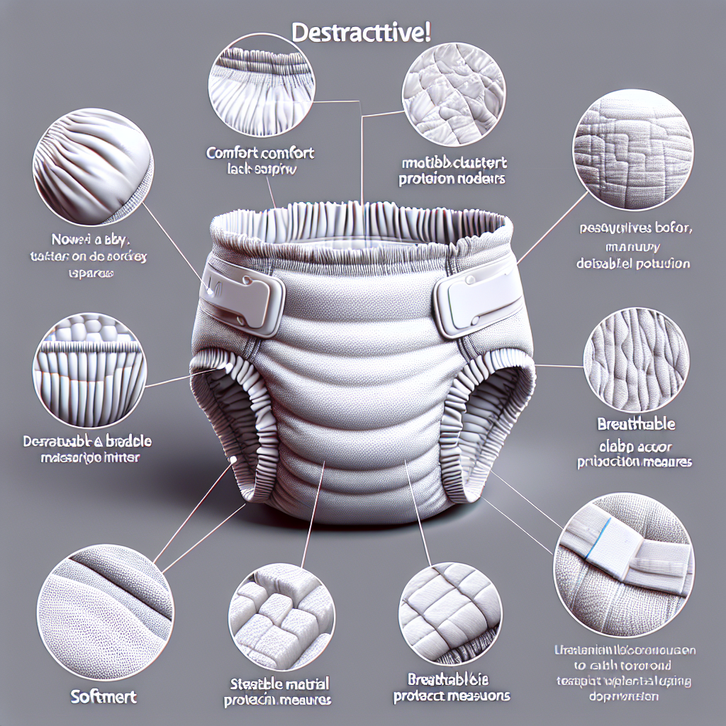 A realistic image of a baby’s diaper highlighting its features like texture, comfortable fit, leak protection, softness, stretchy waistband, breathable material, and secure fastening tabs.