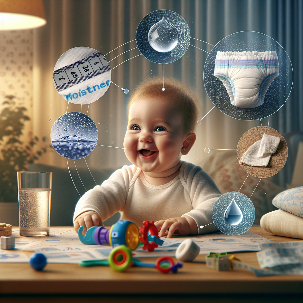 A baby playing with toys, surrounded by objects symbolizing factors affecting diaper longevity, with a close-up of a diaper showing its layers.