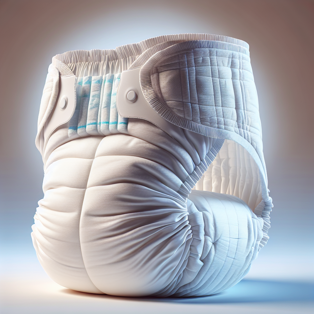 Realistic depiction of adult diapers highlighting absorbent core, elastic waistbands, and leak-proof barriers.