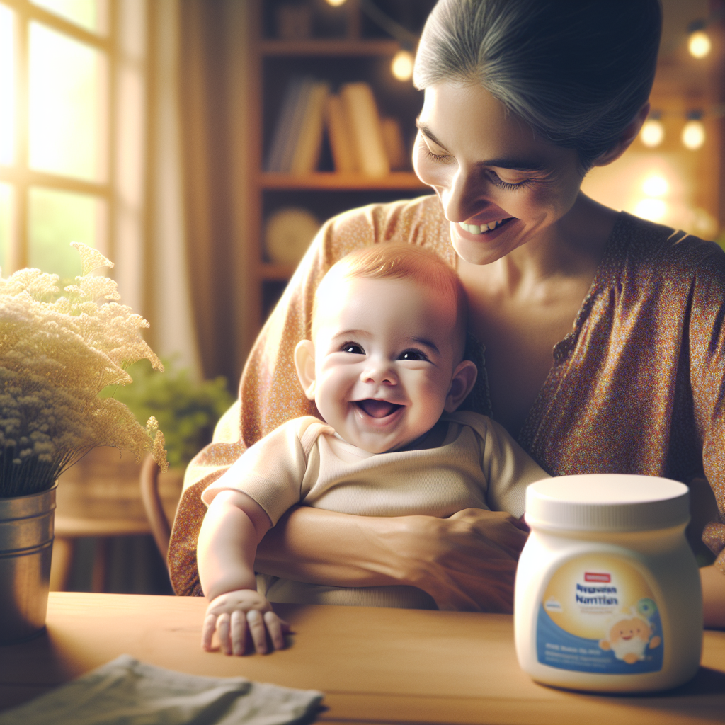A mother cradling her happy, healthy baby with an Enfamil product nearby.