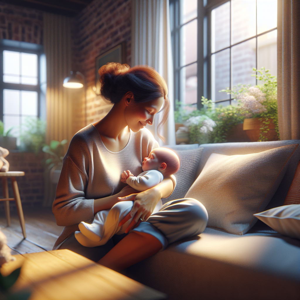 A realistic image of a mother cradling her baby in a cozy home setting.