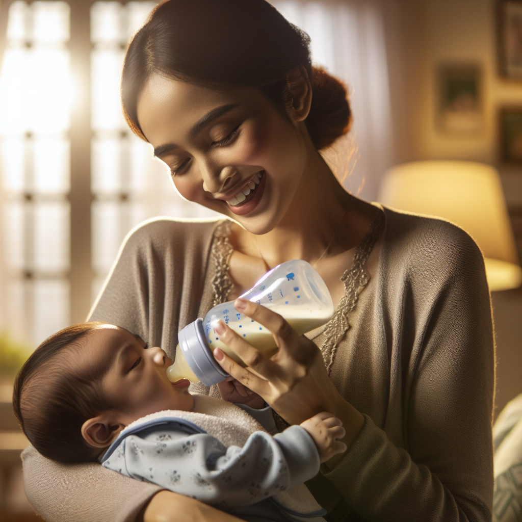 A mother feeding her baby with a bottle of formula milk in a cozy, well-lit room.