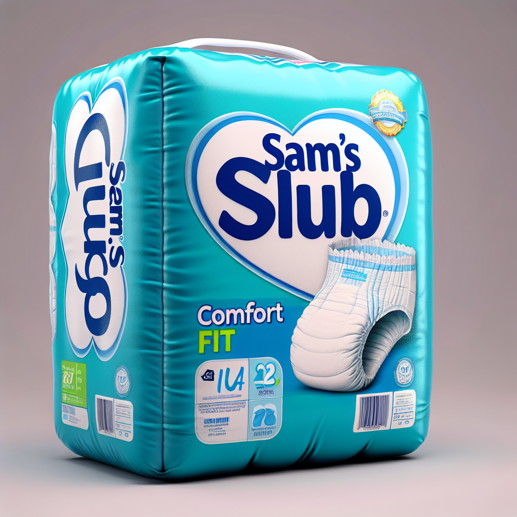 Realistic depiction of a package of Sam's Club adult diapers with comfort fit.