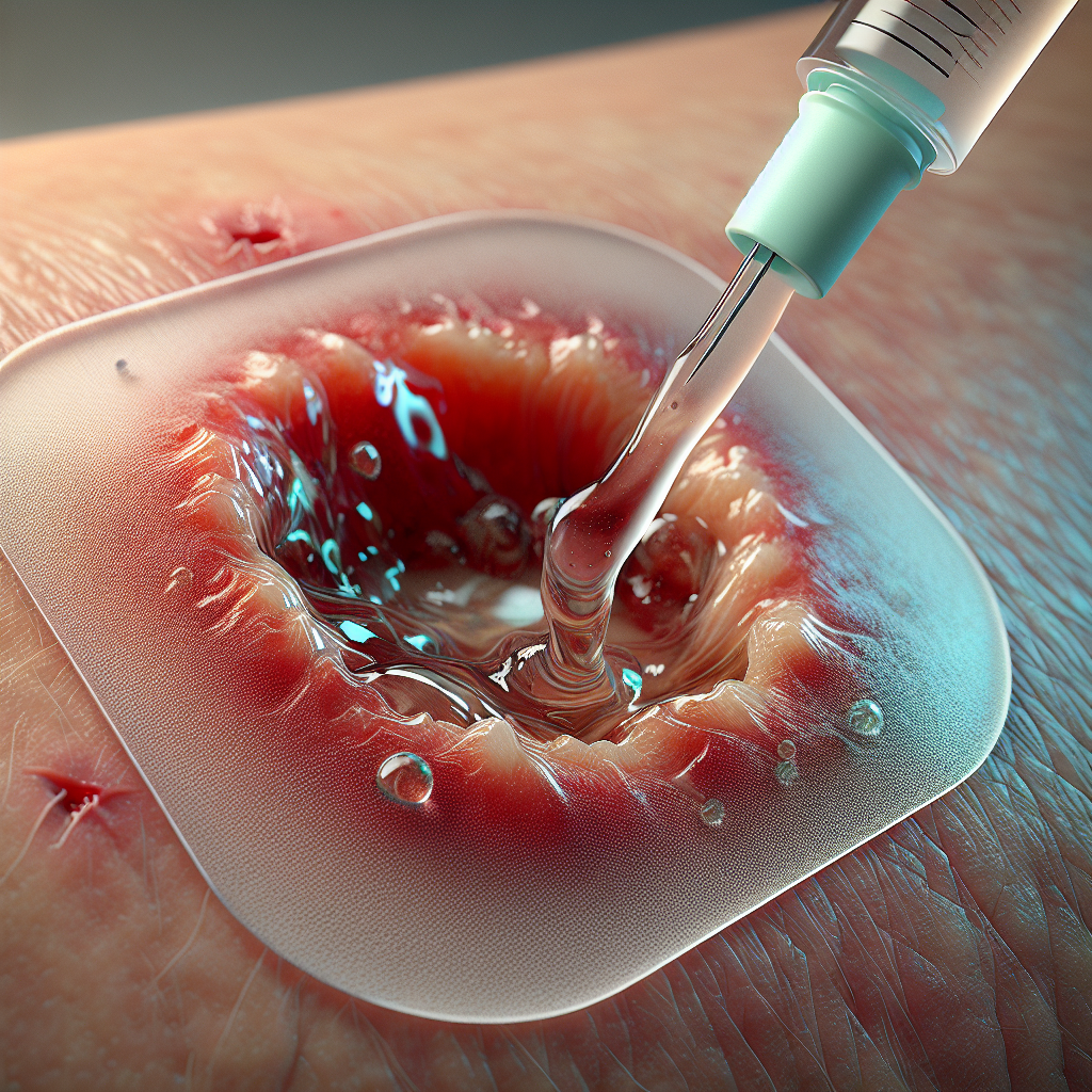 Close-up of a wound being treated with a hydrogel dressing, highlighting the healing process.