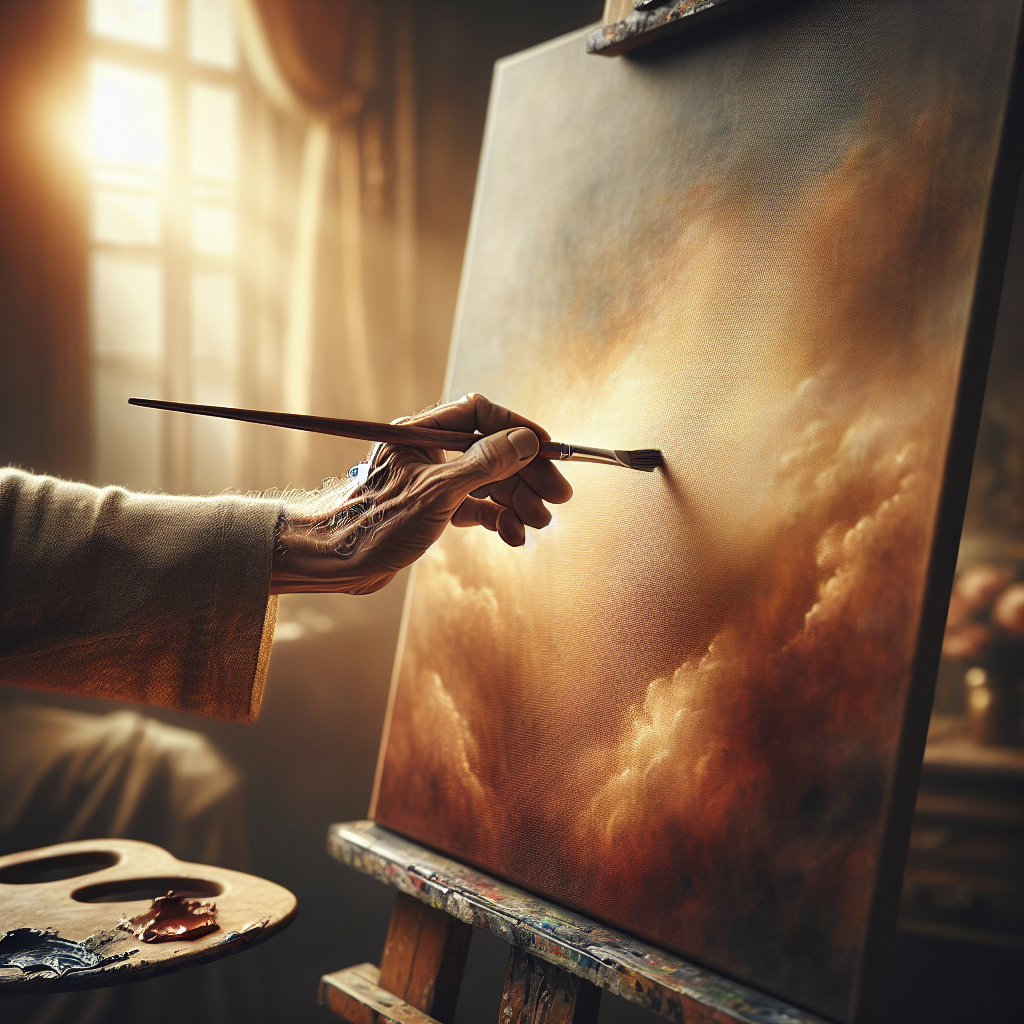 An artist's aged hand holding a paintbrush against a blank canvas on an easel in a warmly lit art studio, ready to create original artwork.