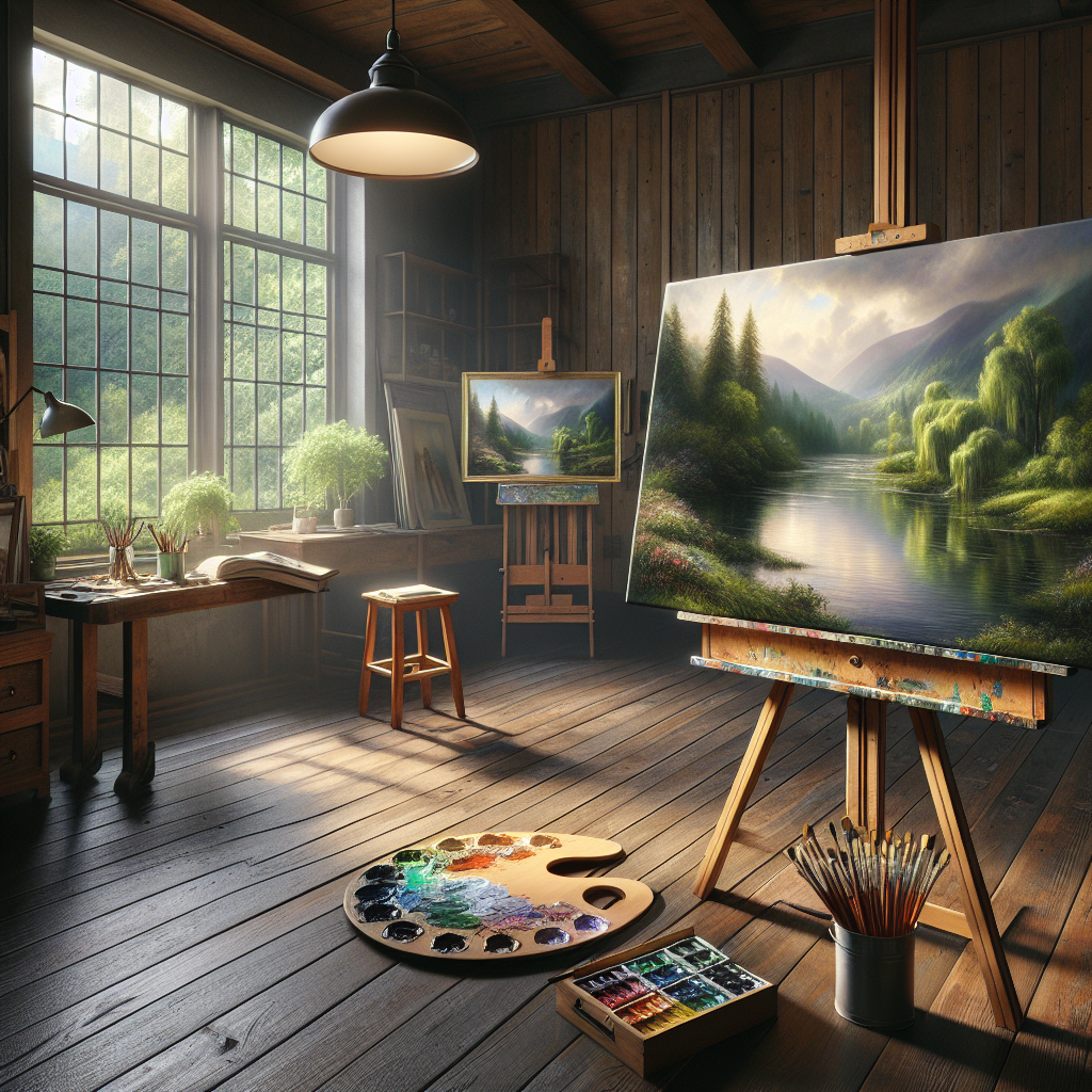 A tranquil art studio with a serene landscape painting in progress, an artist's palette with vibrant colors, paintbrushes, and a warm lamp.