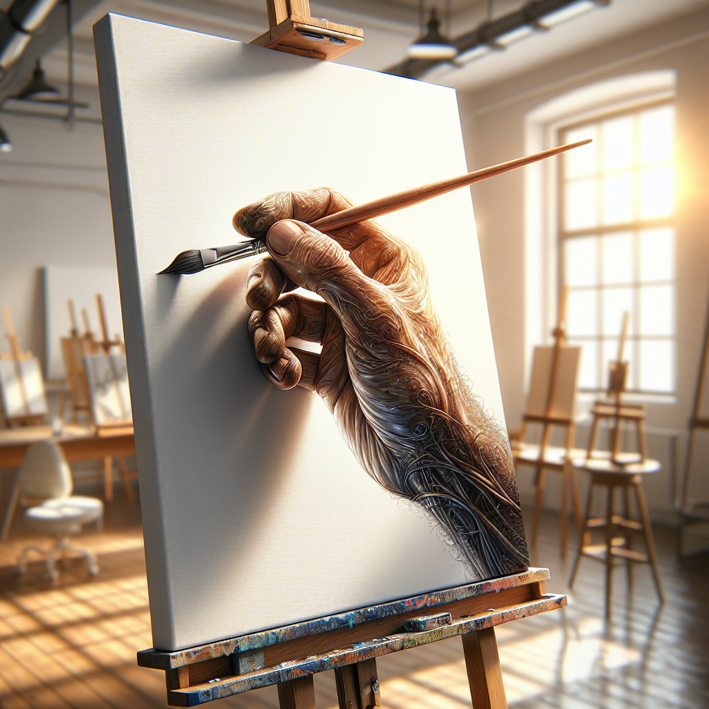 An artist's hand holding a paintbrush over a blank canvas in a sunlit art studio.