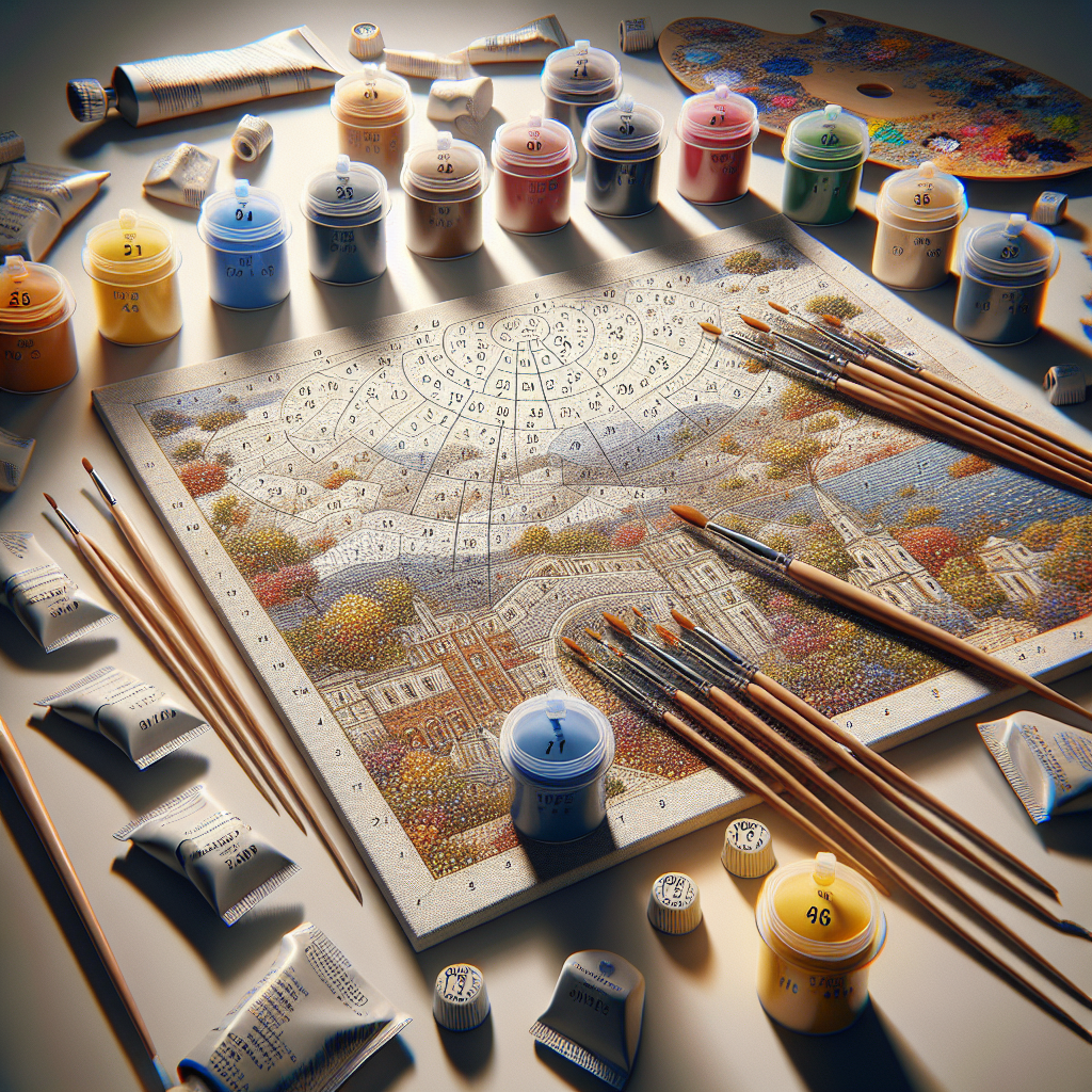 A 'paint by numbers' kit with a partially painted canvas, paint pots, and brushes on a table.