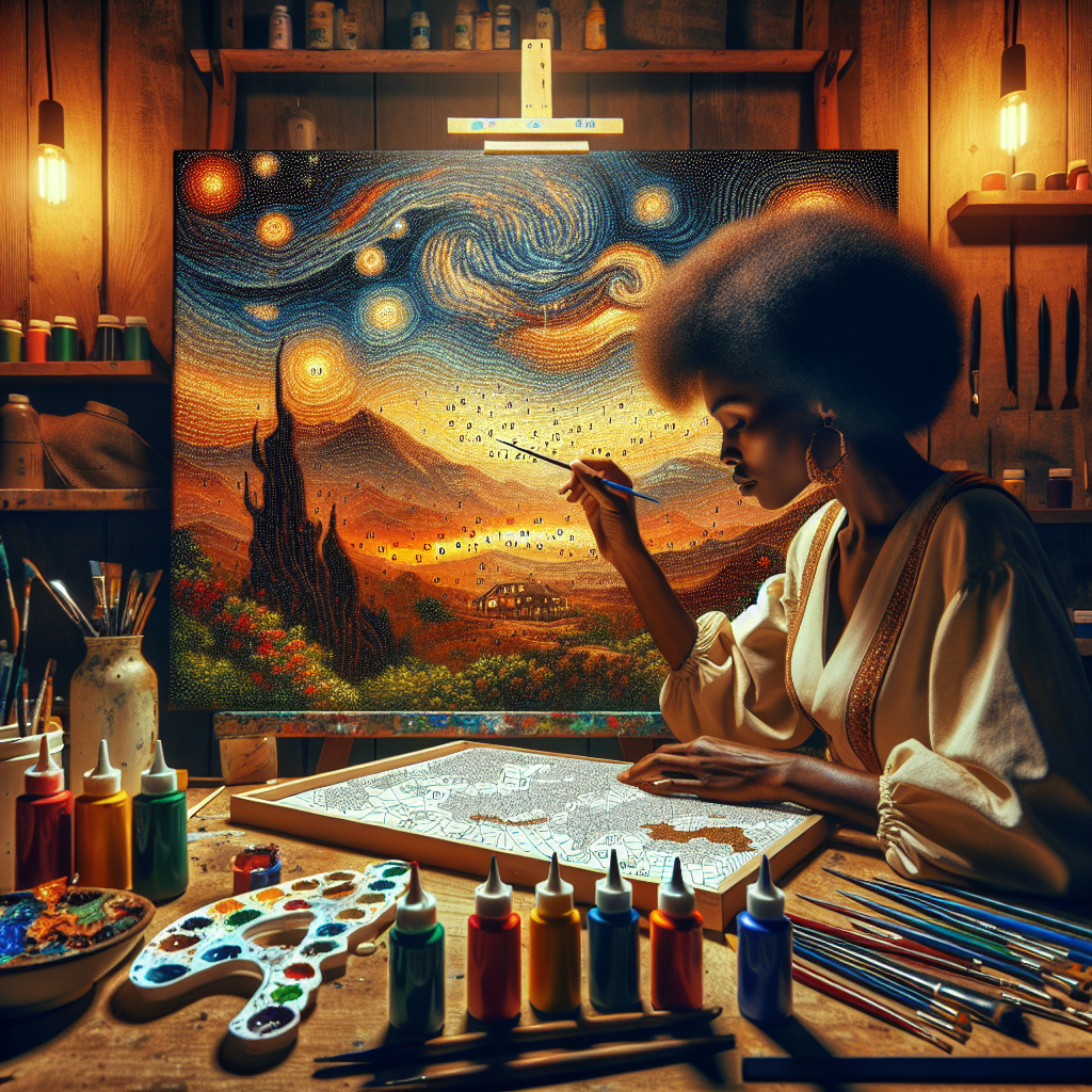 Artist using a paint by numbers kit to create an intricate landscape.