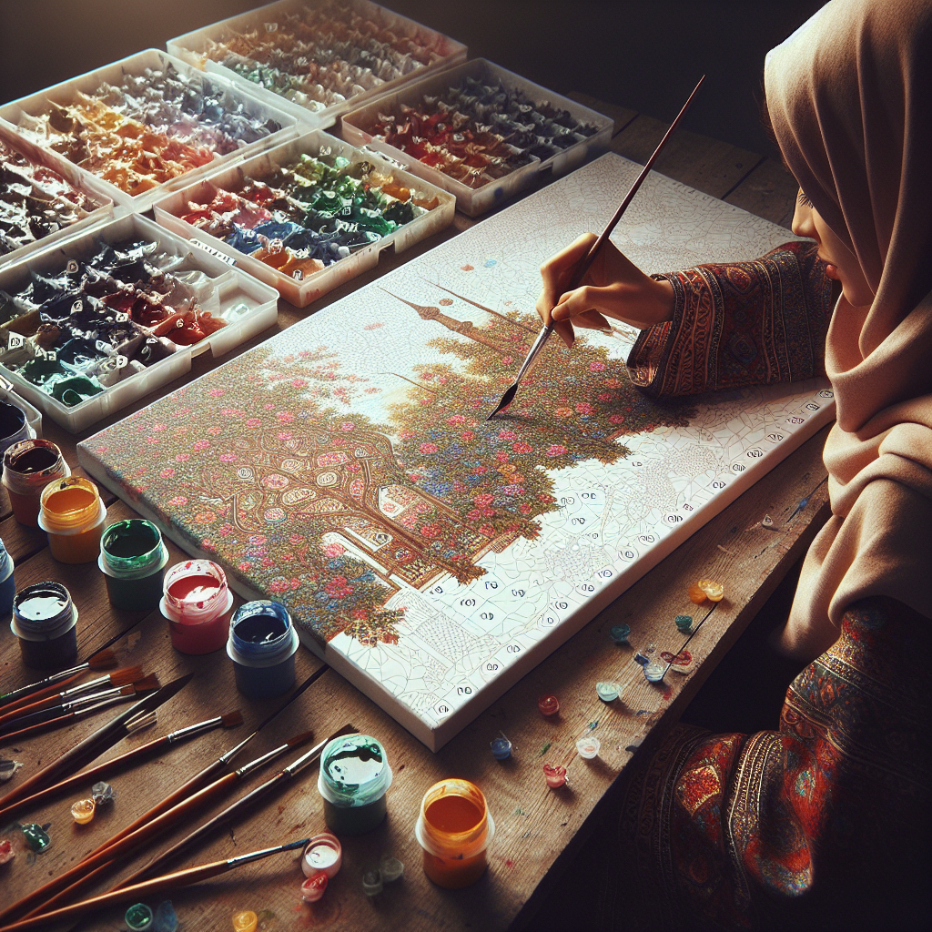 A person using a paint-by-numbers kit with a partially completed canvas.