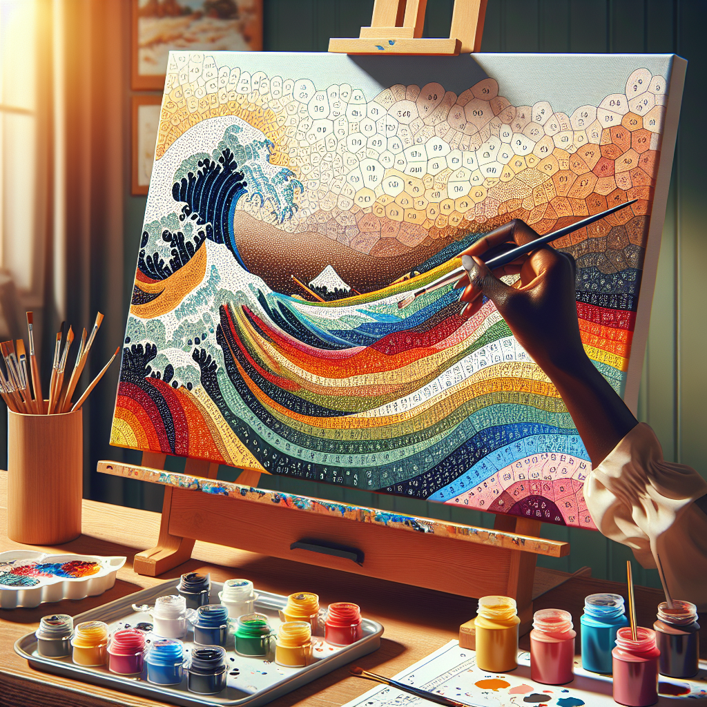 A realistic scene showcasing a paint by numbers kit in a cozy, well-lit room.
