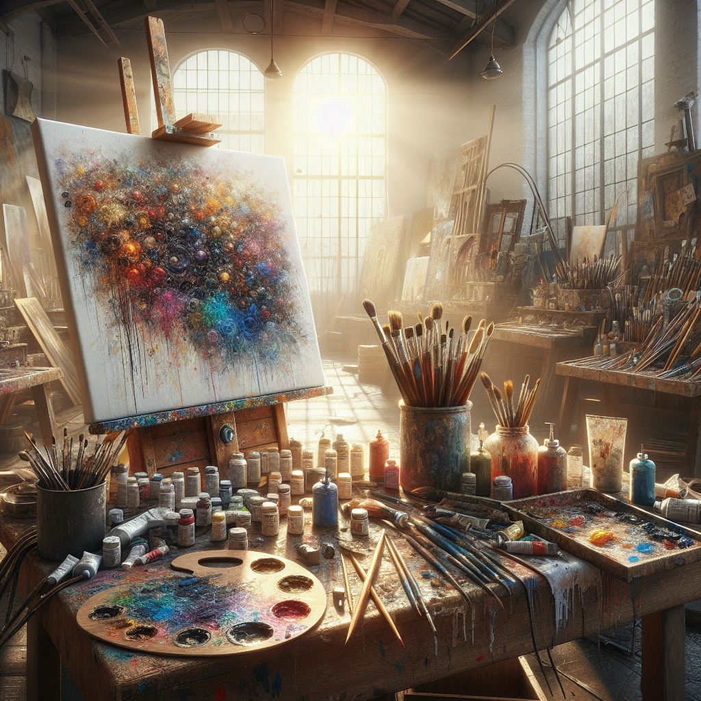 A realistic depiction of an artist's workspace with a partially painted canvas and various art tools around, set in a well-lit studio.