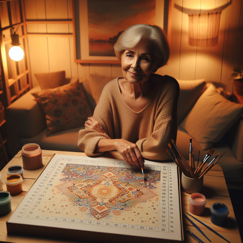 An elderly woman painting with a paint by number kit at a table.