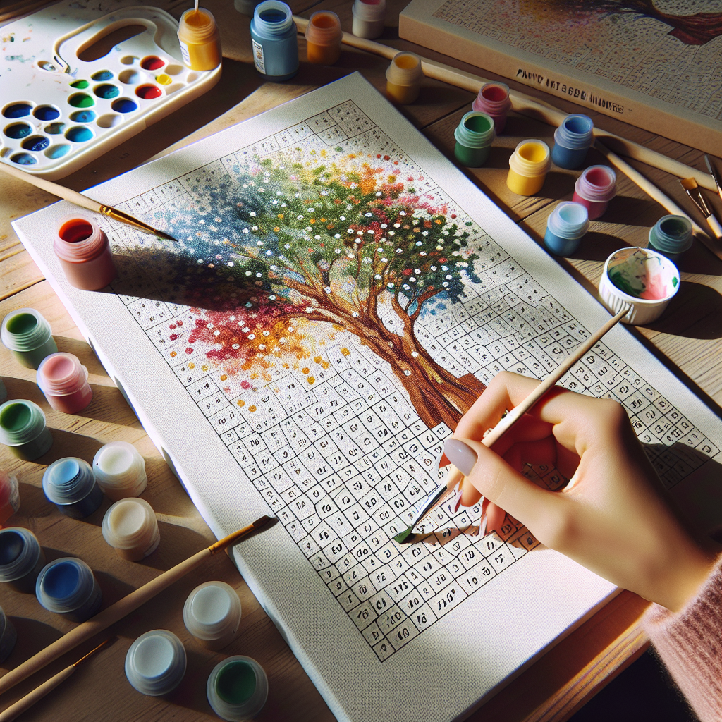 A hand using a small paint by number kit in a cozy, well-lit room, showcasing the paint pots and brush.