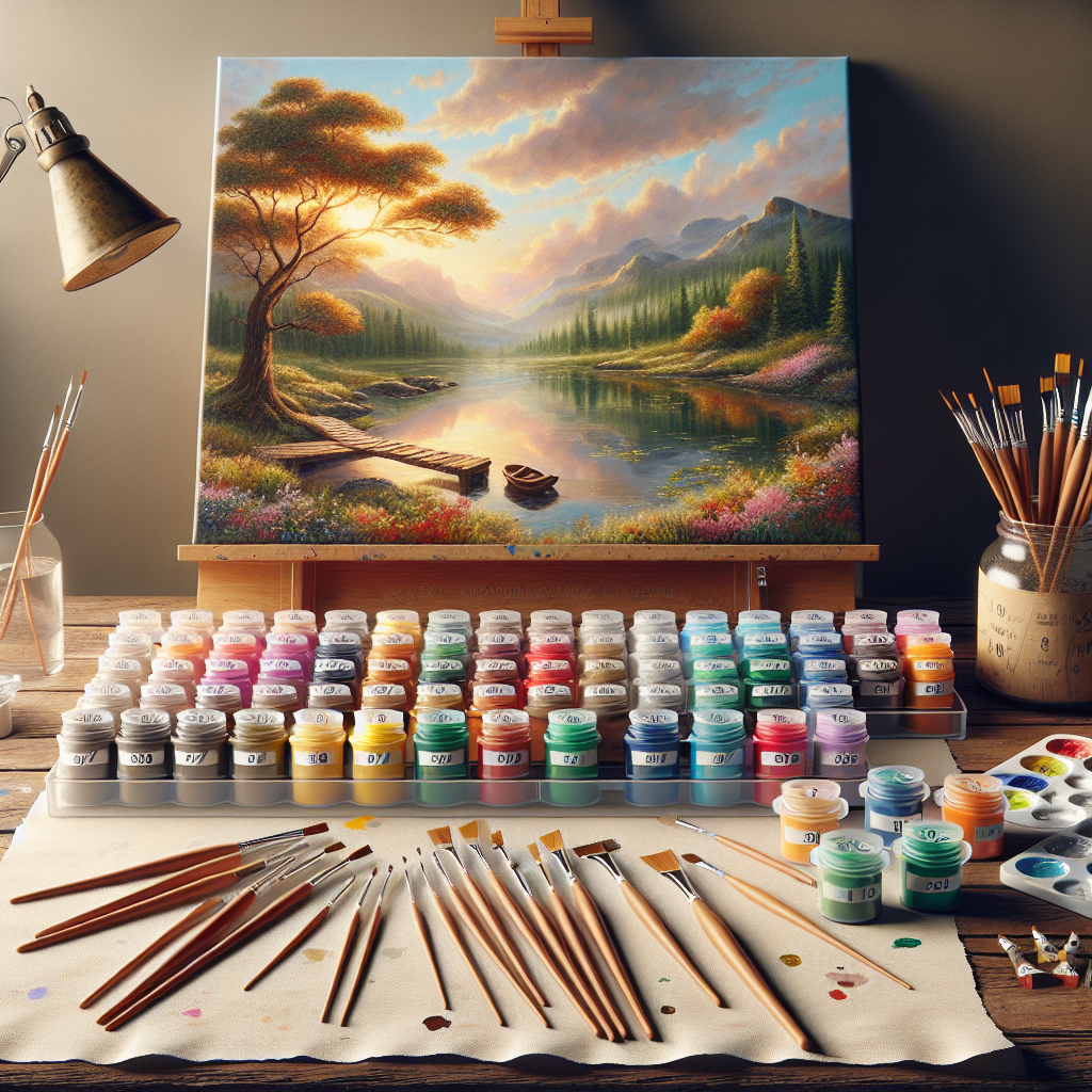 A realistic paint by number kit setup with a pre-printed canvas, paint pots, and brushes on a wooden table.