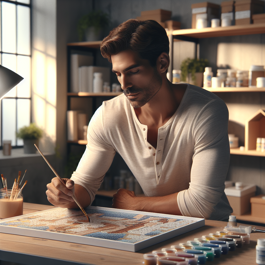 A man engaging with a creative kit in a cozy, well-lit room.
