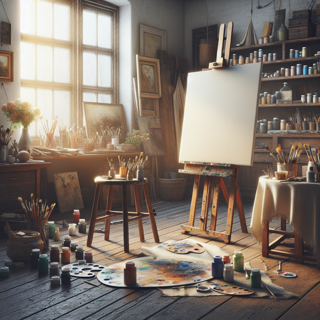 An artist's workspace with a blank canvas on an easel, surrounded by art supplies in warm, natural light.