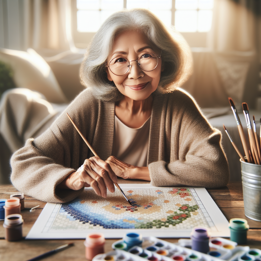 An elderly woman painting with a paint by number kit, seated at a table with painting supplies in a well-lit room.