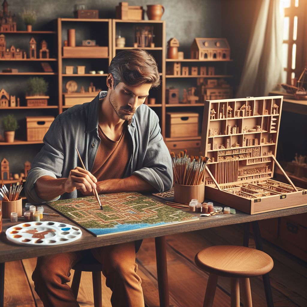A man engaged in a creative activity with various creative kits in a cozy, well-lit room.