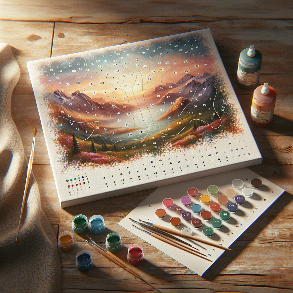 A small paint by number kit on a cozy wooden table with a partially completed canvas, acrylic paints, and brushes.