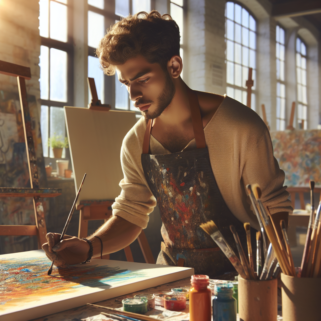 A young artist painting in a sunlit studio filled with art supplies.