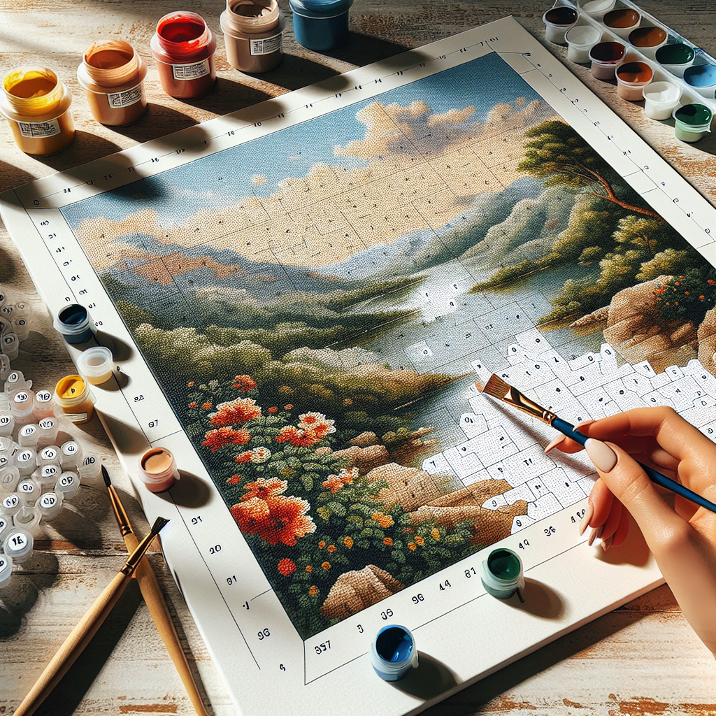 A realistic scene showing a small size paint by number kit with a hand painting on a numbered canvas, surrounded by paint pots and brushes.