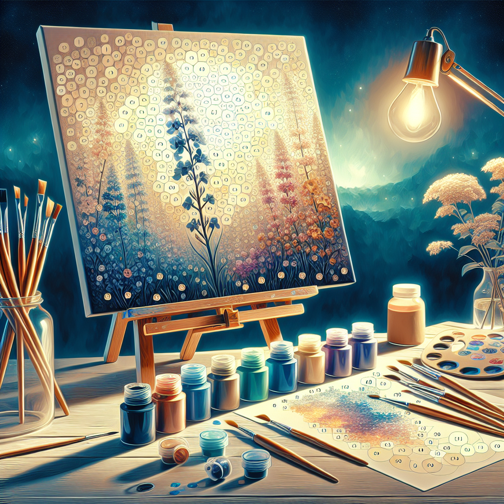 A realistic display of a small paint by number kit with a canvas, paint pots, and brushes in a cozy workspace.