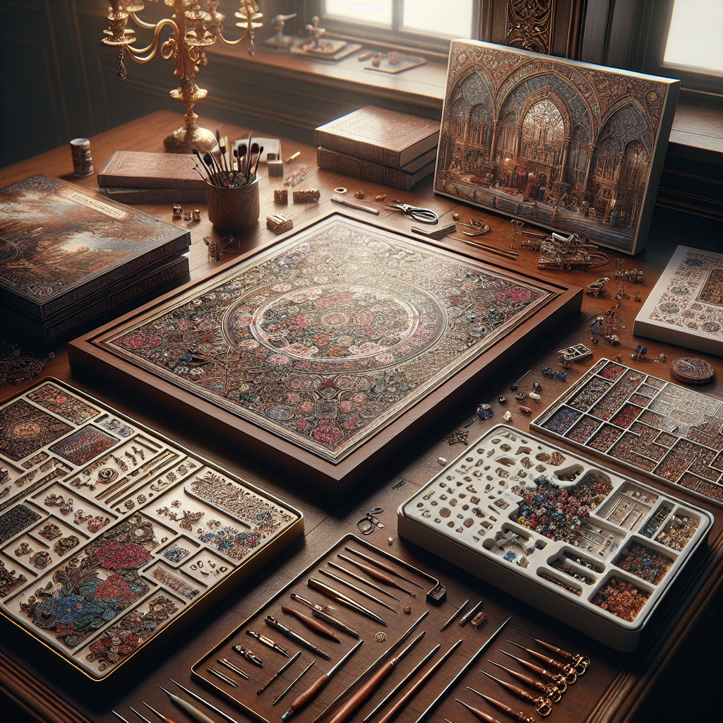 A realistic scene of various creative kits for men, including a paint by number set, model-building kits, and craft tools on a wooden table.