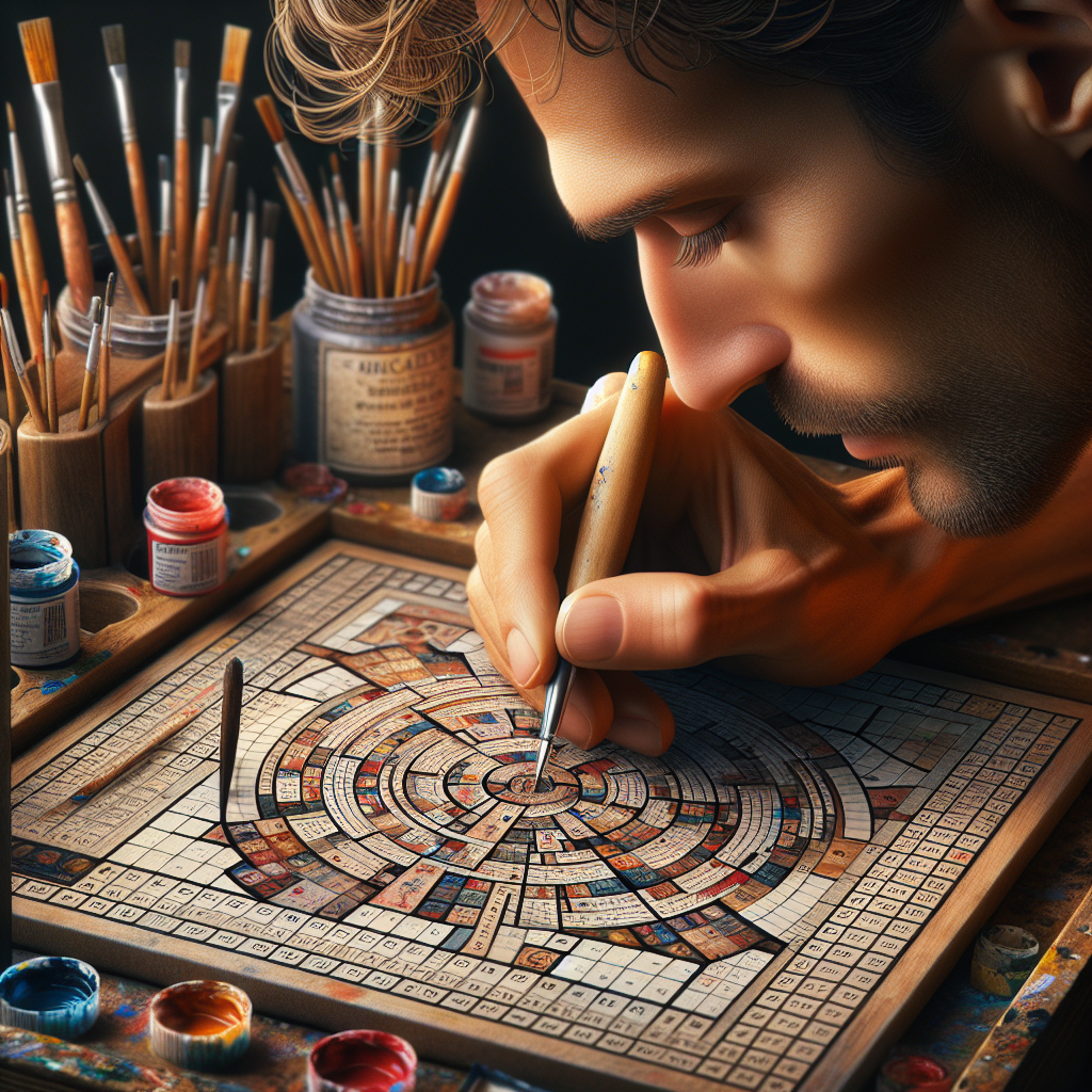 A person painting a small size paint by number canvas with vibrant colors and intricate sections.