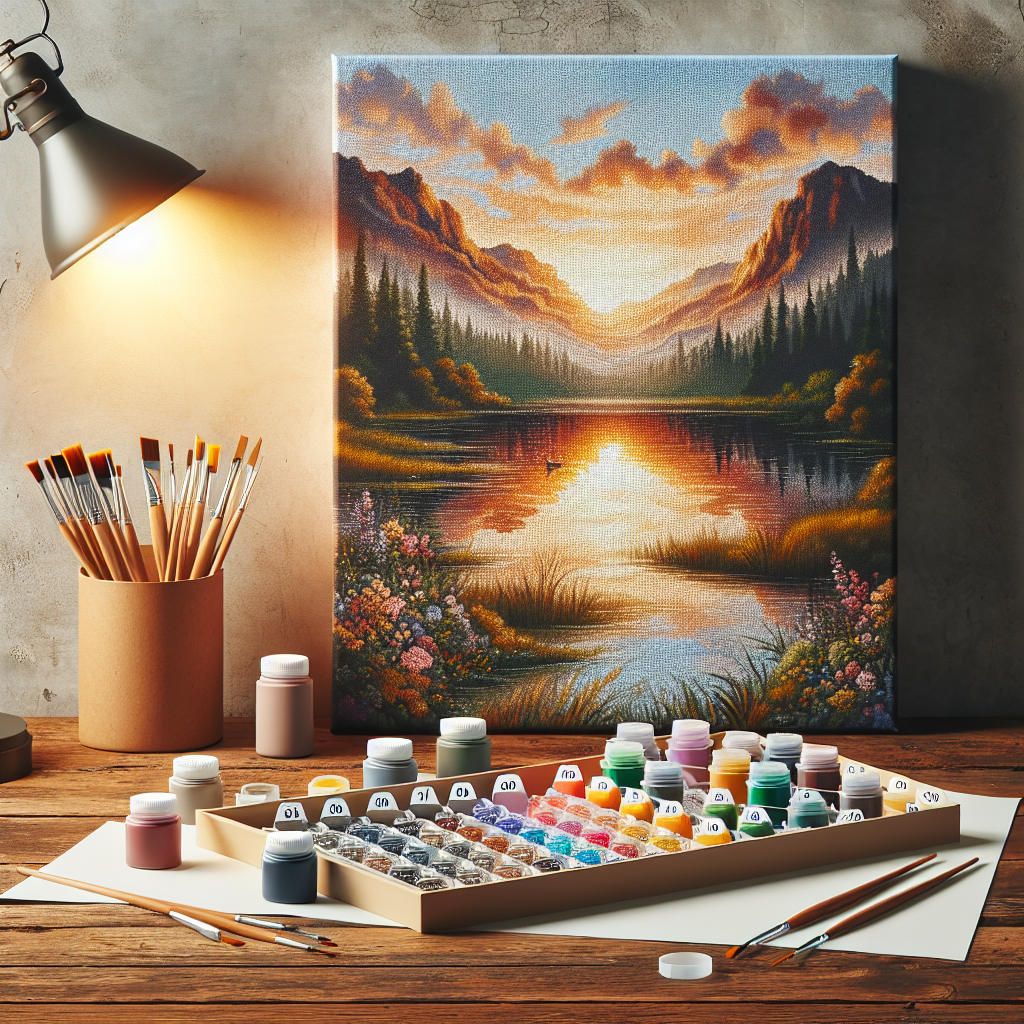 A paint by number kit on a wooden table with a partially completed landscape painting, brushes, and numbered paint pots.