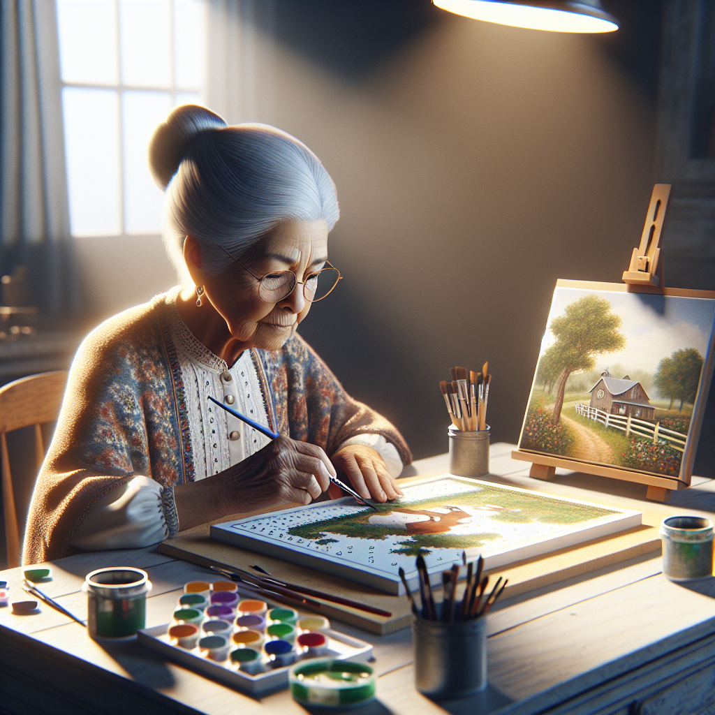 Elderly woman working on a paint by number kit at a small table, with paint pots and brushes around.