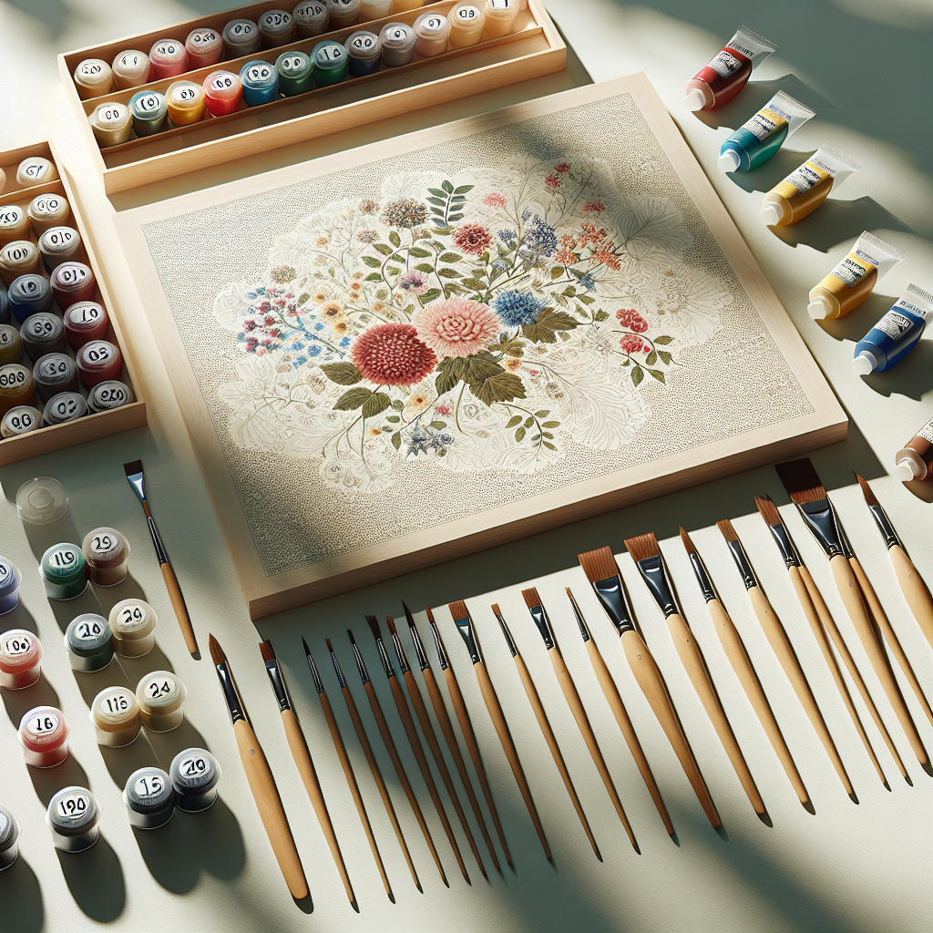 Components of a paint by number kit including a pre-printed canvas, brushes, and paint pots, arranged neatly on a table.
