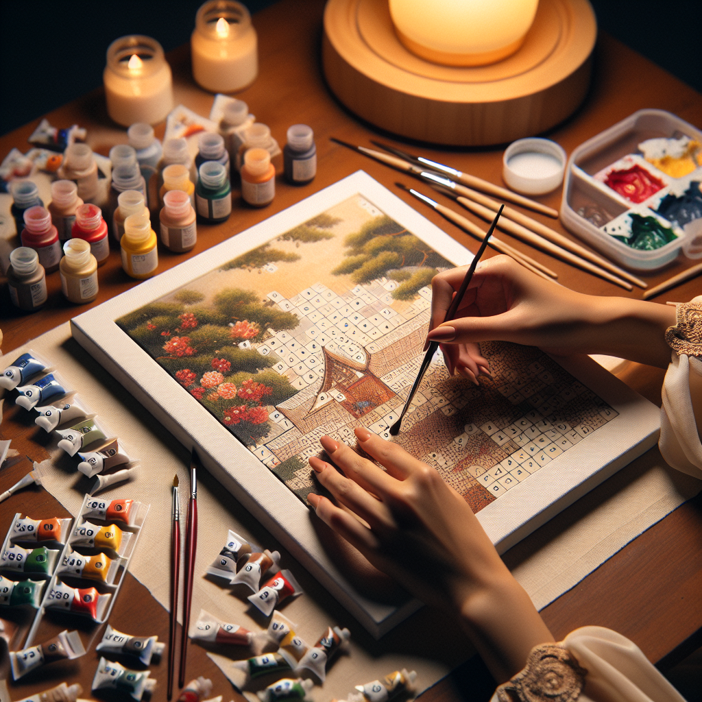 Hands painting a small size paint by number kit on a cozy and organized table.
