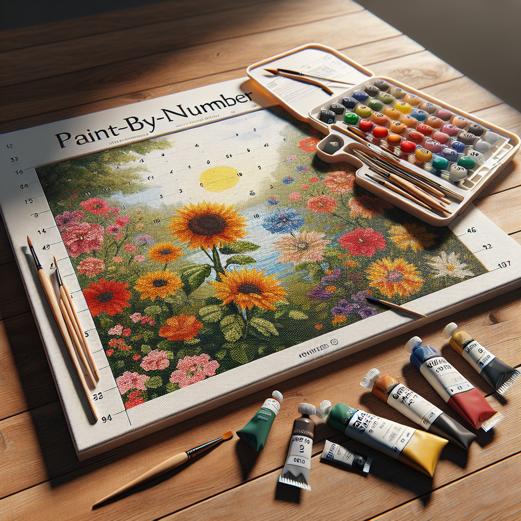 A realistic small paint by number kit with canvas, paints, and brushes on a wooden table.