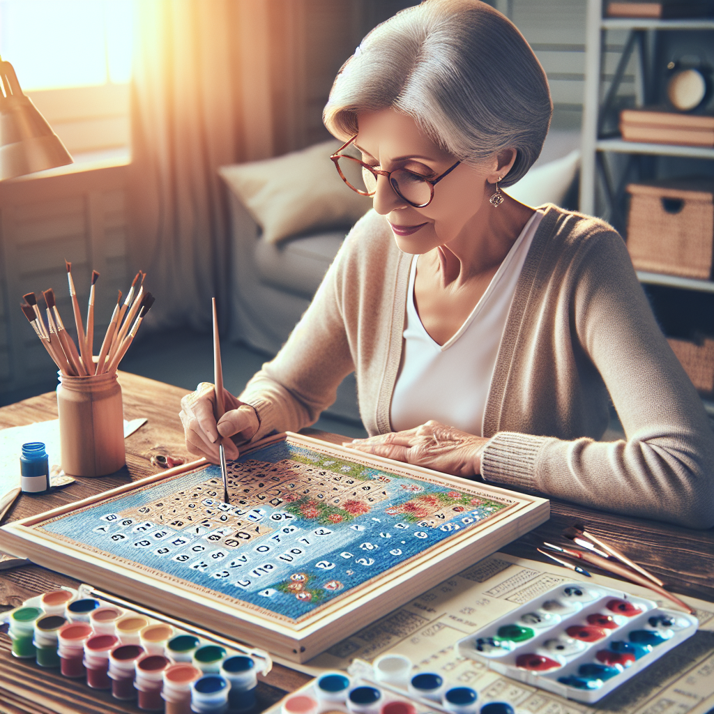 A senior citizen painting a 'paint by number' kit at a table in a cozy, well-lit room.