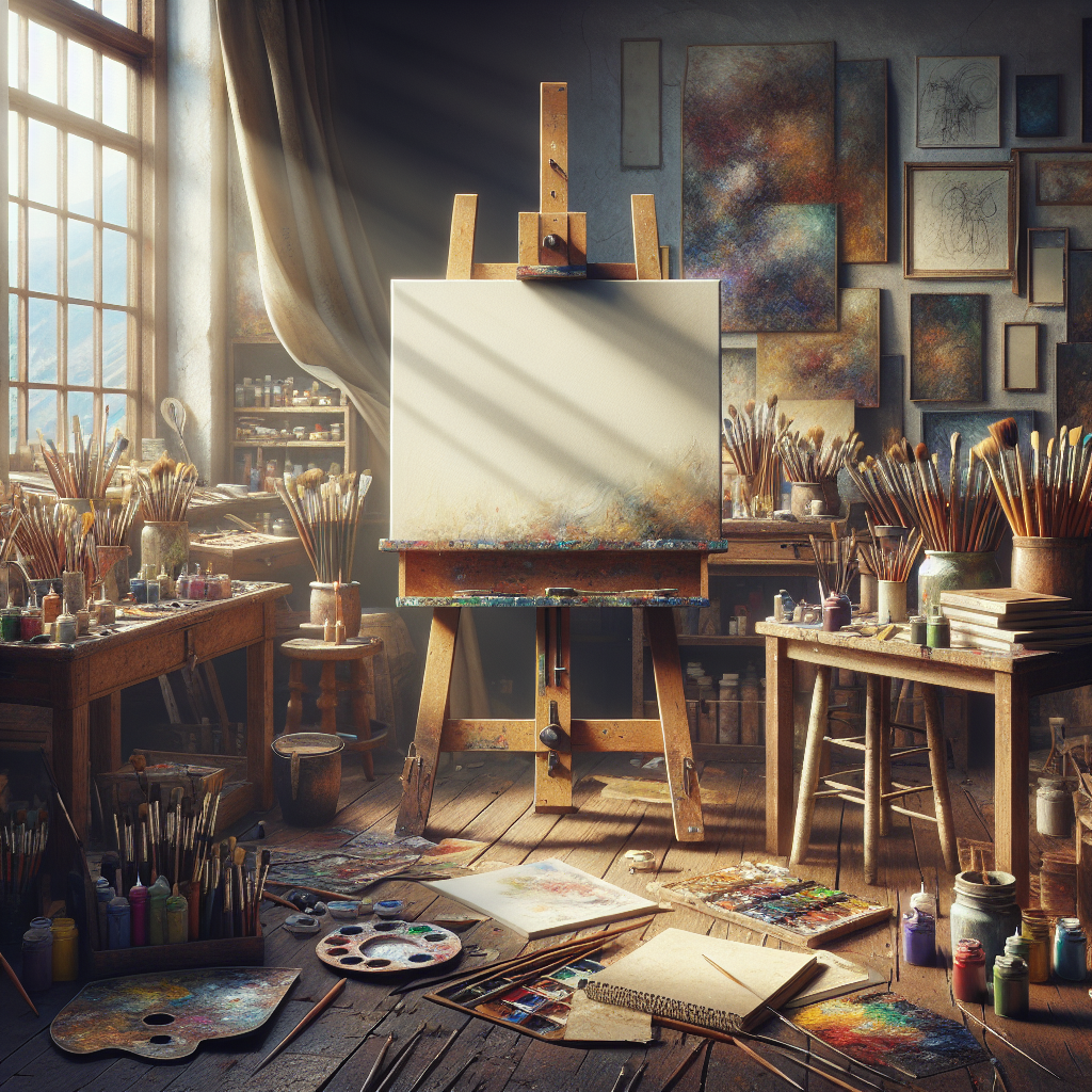 A realistic painting of an artist's studio with a blank canvas and art supplies.