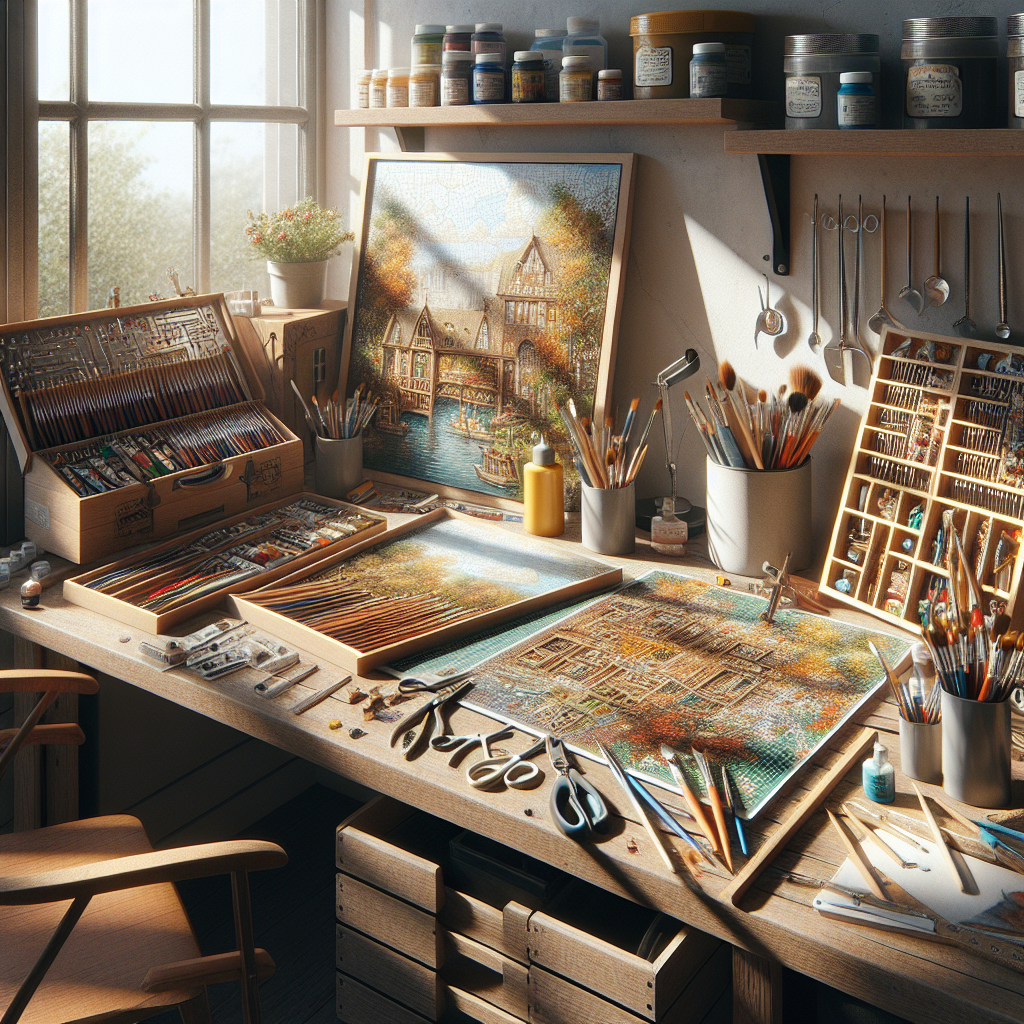 A realistic workspace with various creative kits for men including paint-by-number sets and model-building kits.