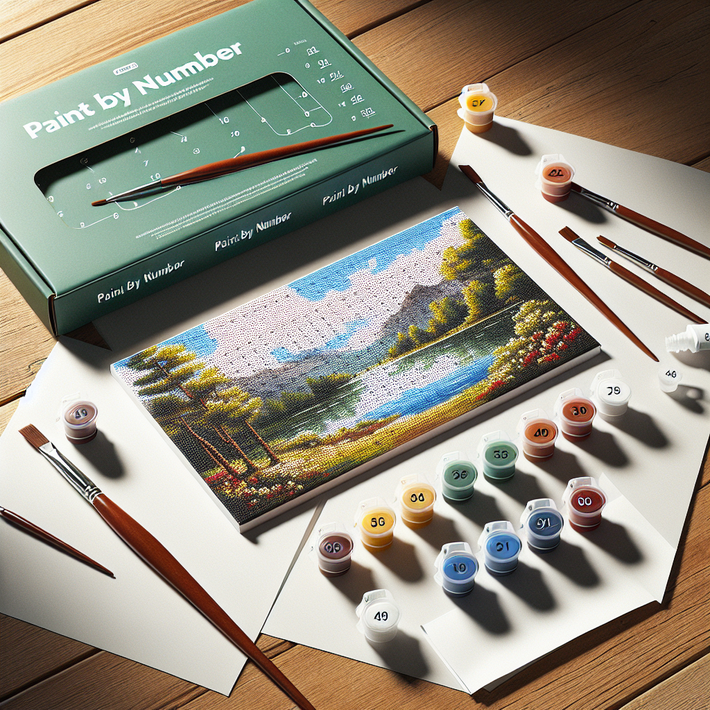 A compact paint by number kit on a wooden table, showing a pre-printed canvas, acrylic paint pots, and brushes in a realistic style.